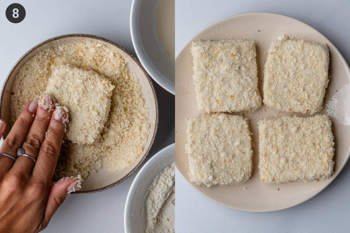 tofu pieces being crumbed