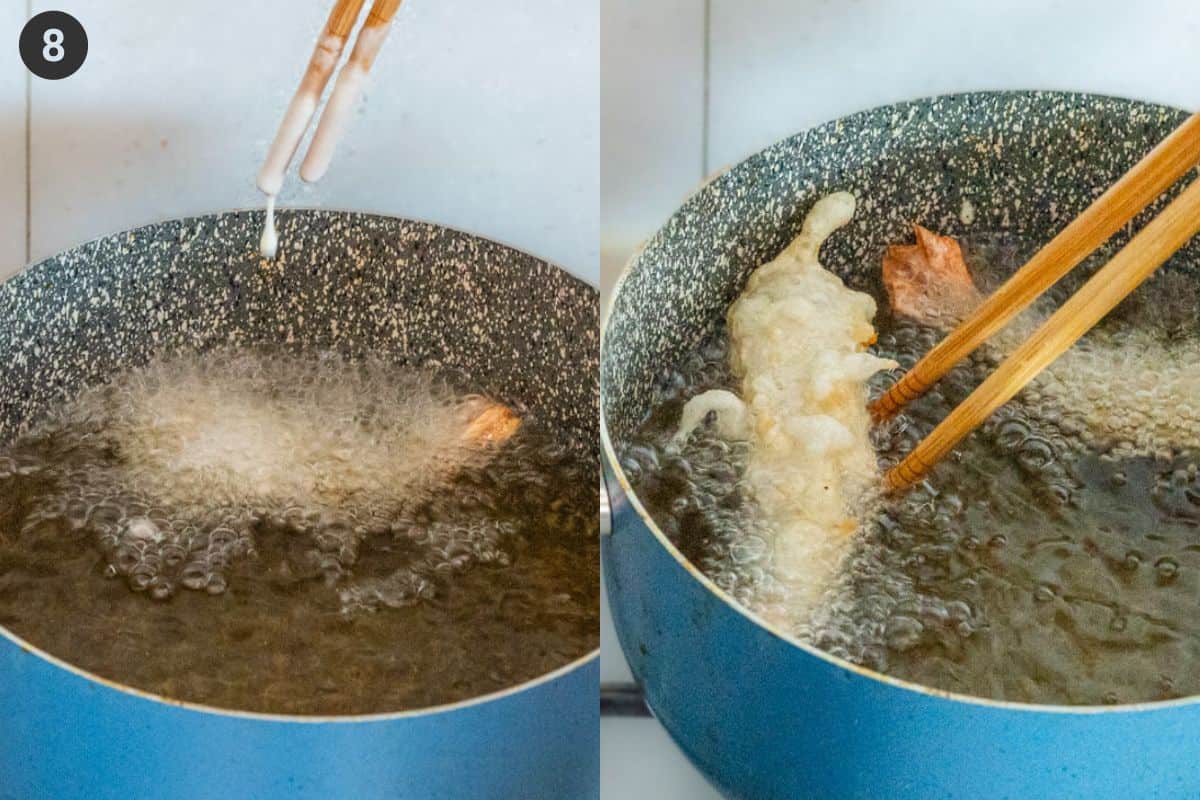 Adding batter and frying shrimp in a pot of oil