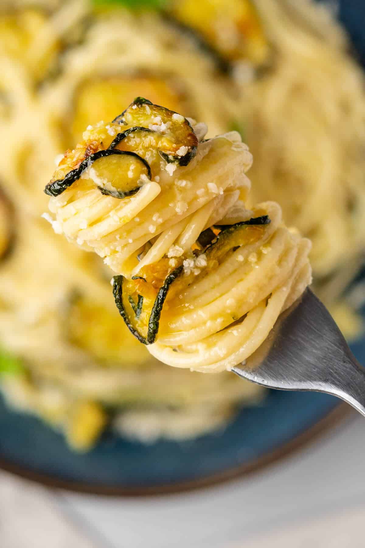 Close up of fork with Spaghetti alla Nerano