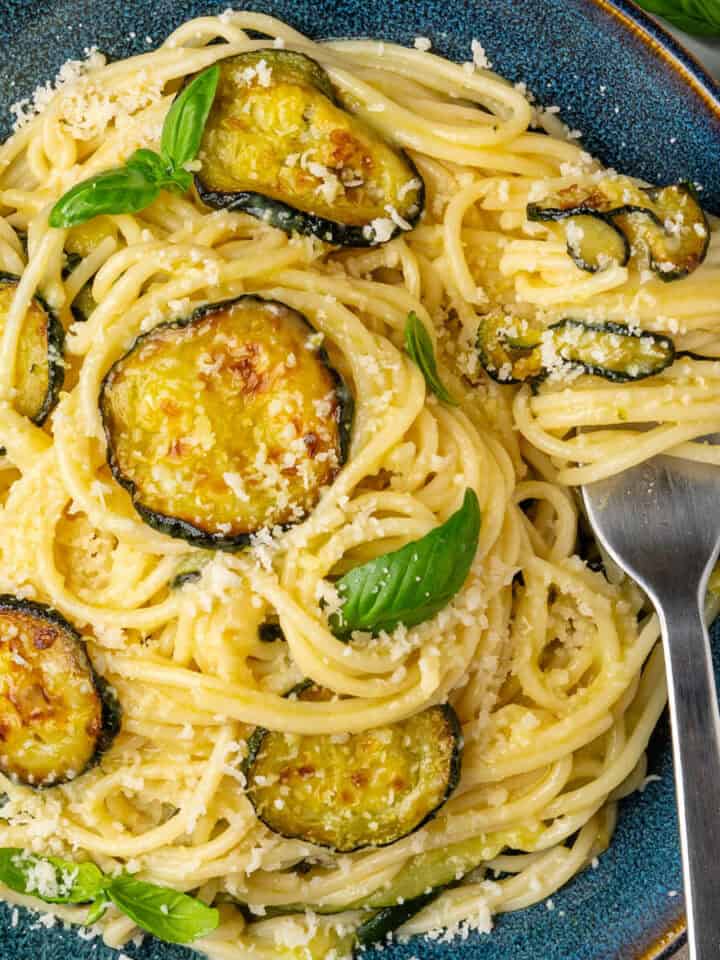 Spaghetti alla Nerano with a fork in a bowl