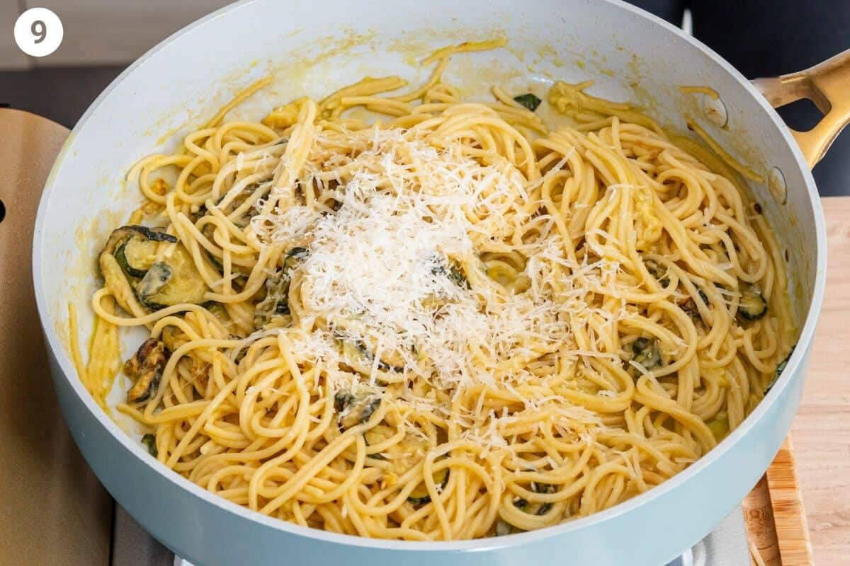 More cheese and pasta water added to pan