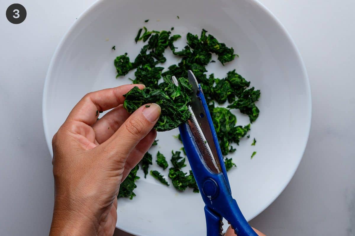 Spinach being chopped up with scissors