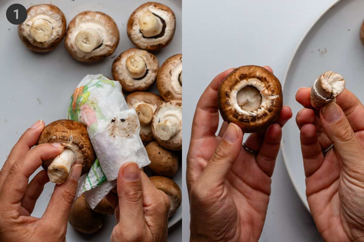 Mushrooms being cleaned and stems removed