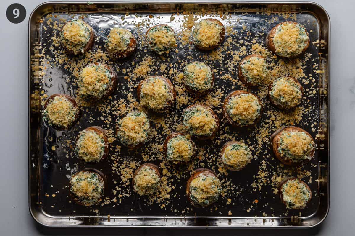 Breadcrumbs added on top of all mushrooms