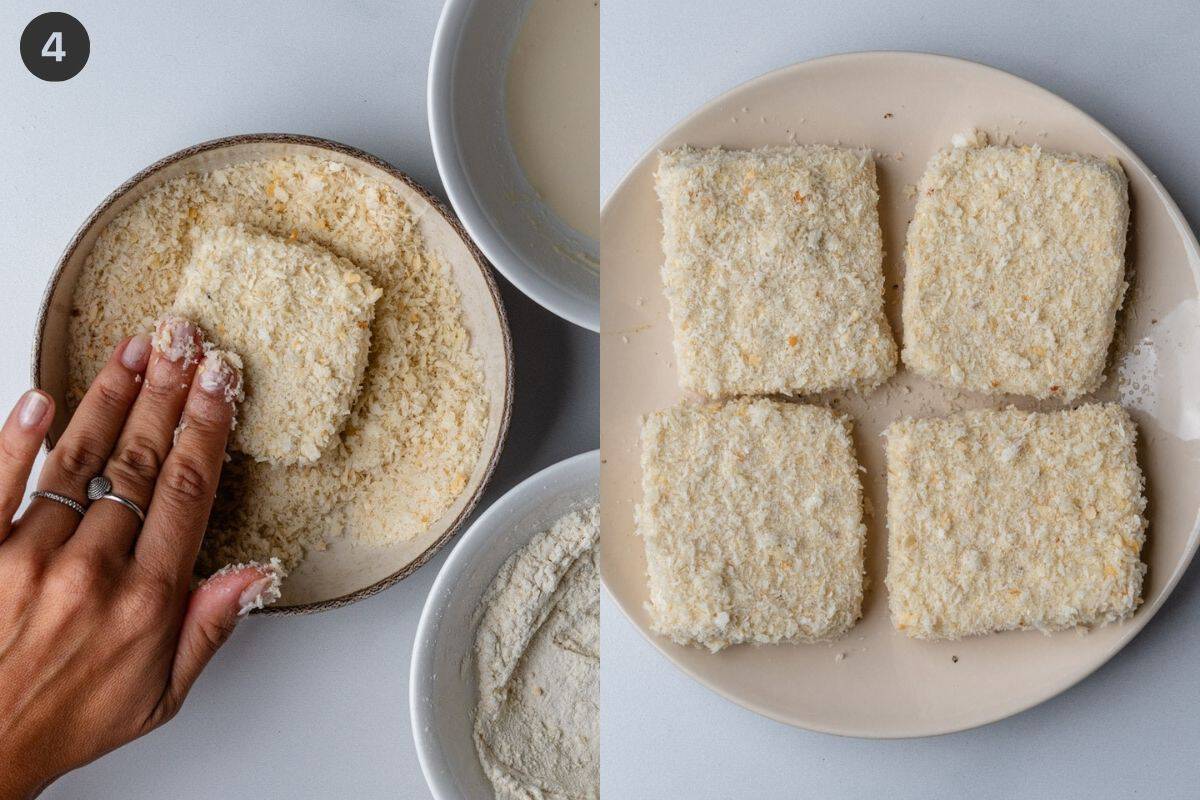 Tofu being dipped into batter and crumb