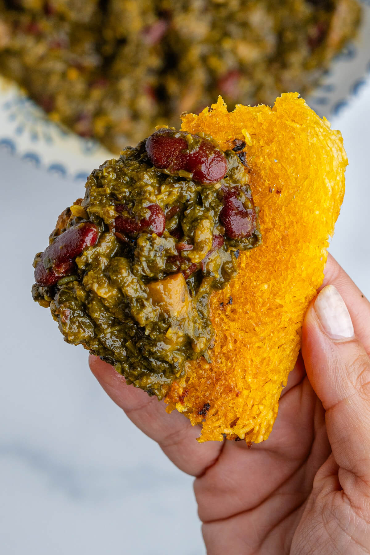 Close up of piece of tahdig with Ghormeh Sabzi