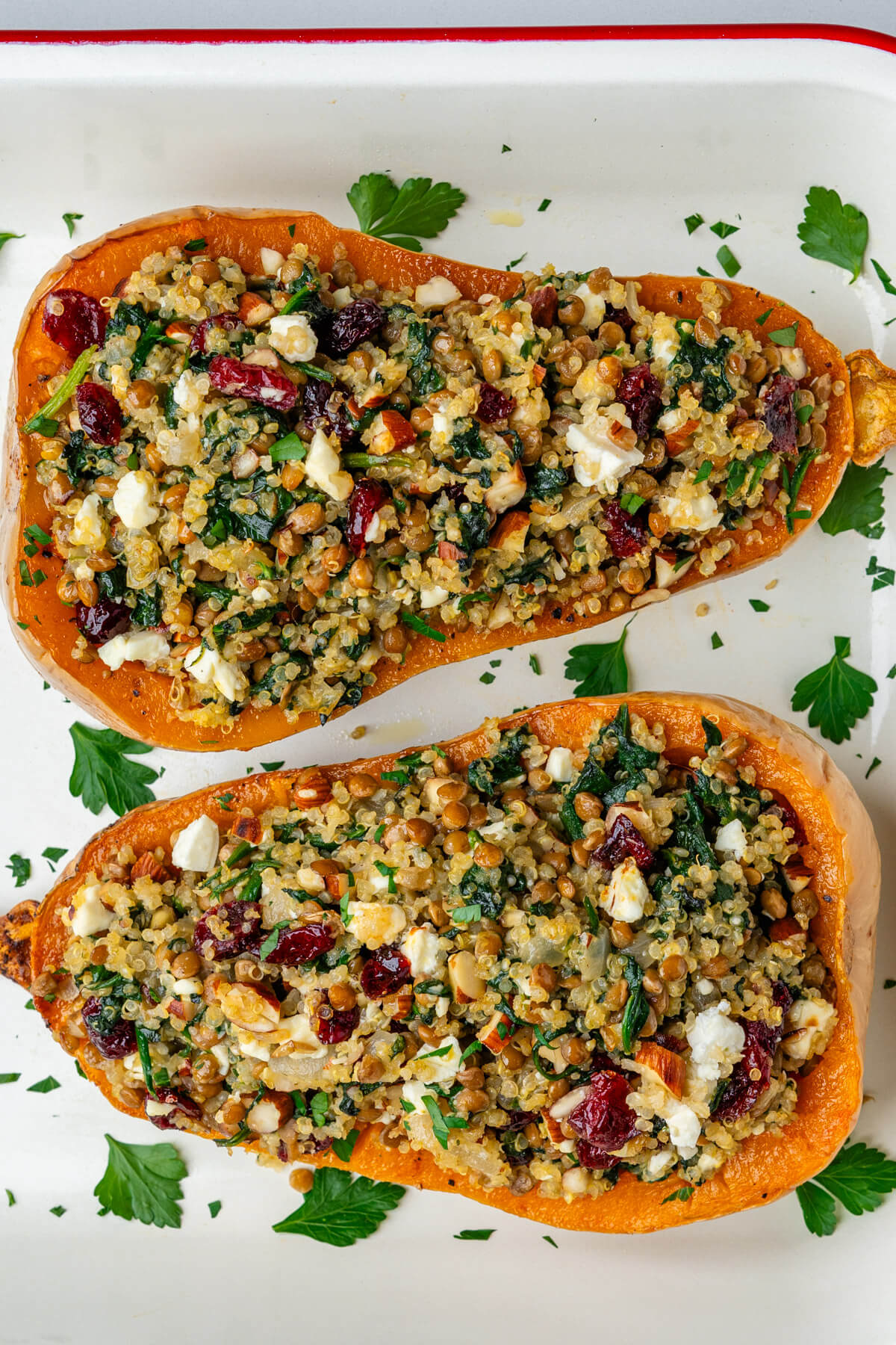 Stuffed Butternut Squash pieces in an oven tray