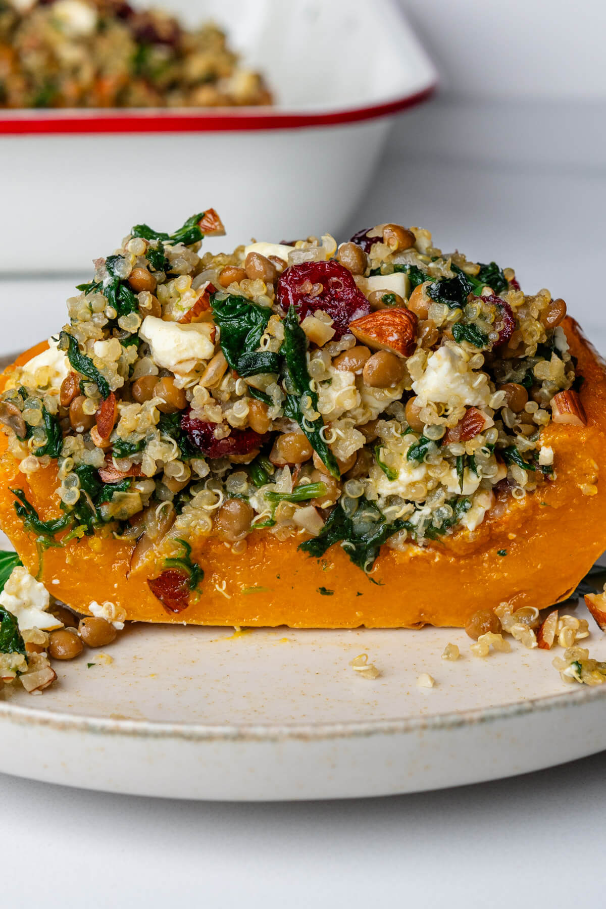 Piece of Stuffed Butternut Squash cut to show the inside