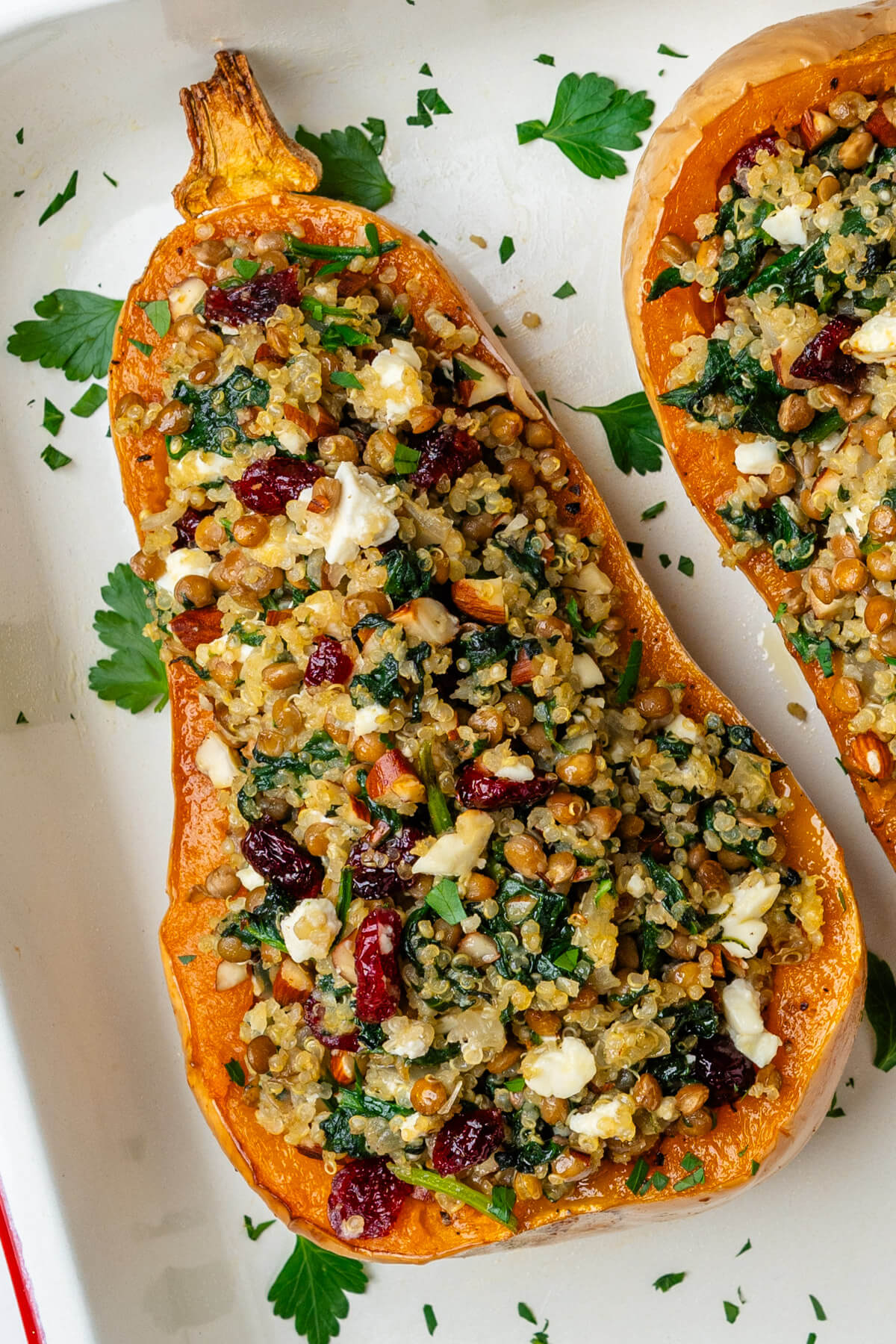 Stuffed Butternut Squash on an oven tray