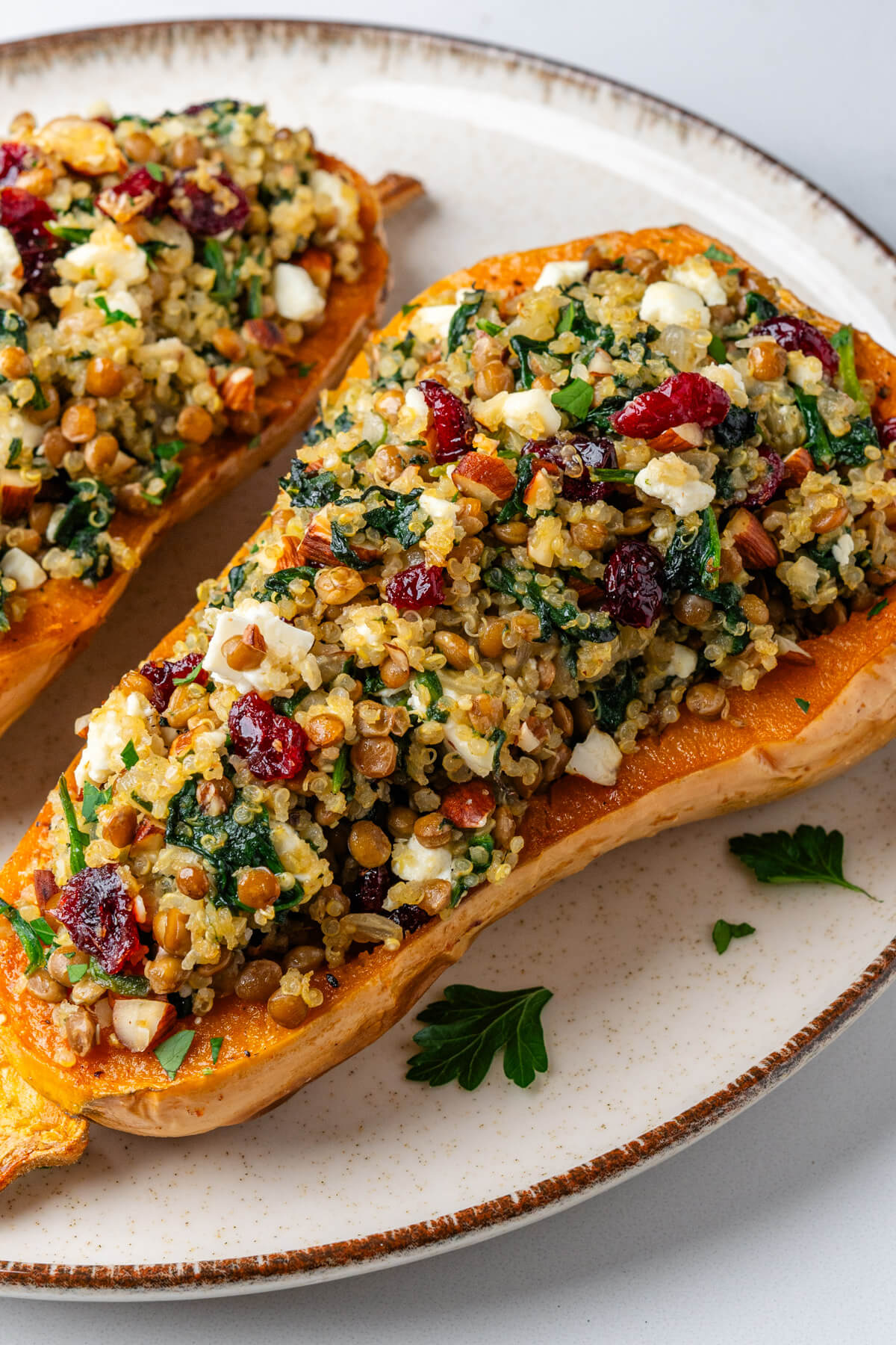 Pieces of stuffed squash on a plate