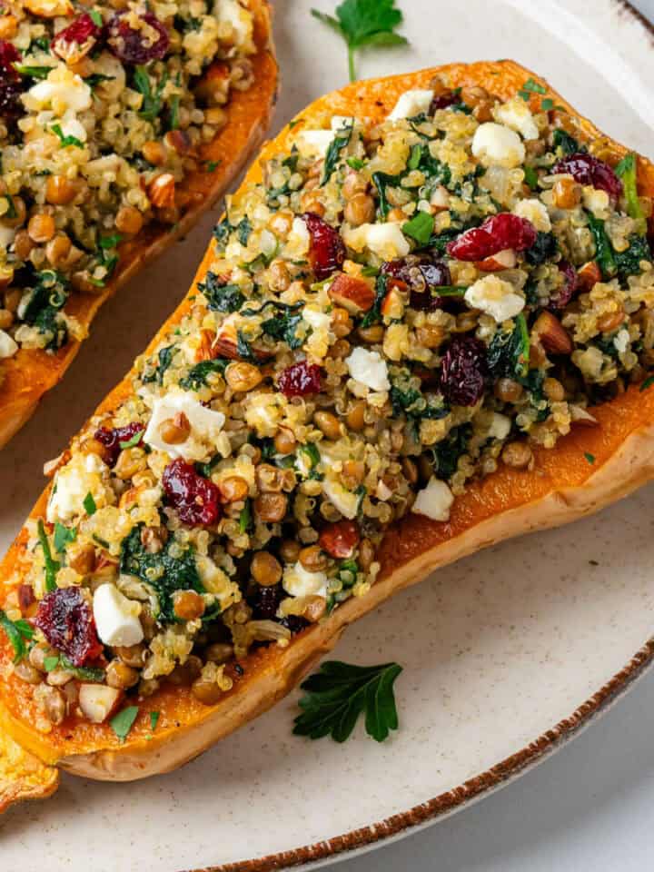 Close up of roasted Stuffed Butternut Squash