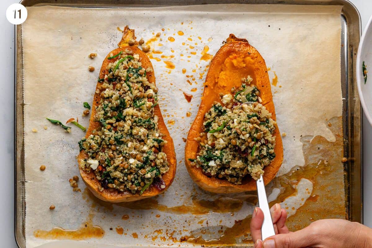 Stuffing mixture added into the squash pieces