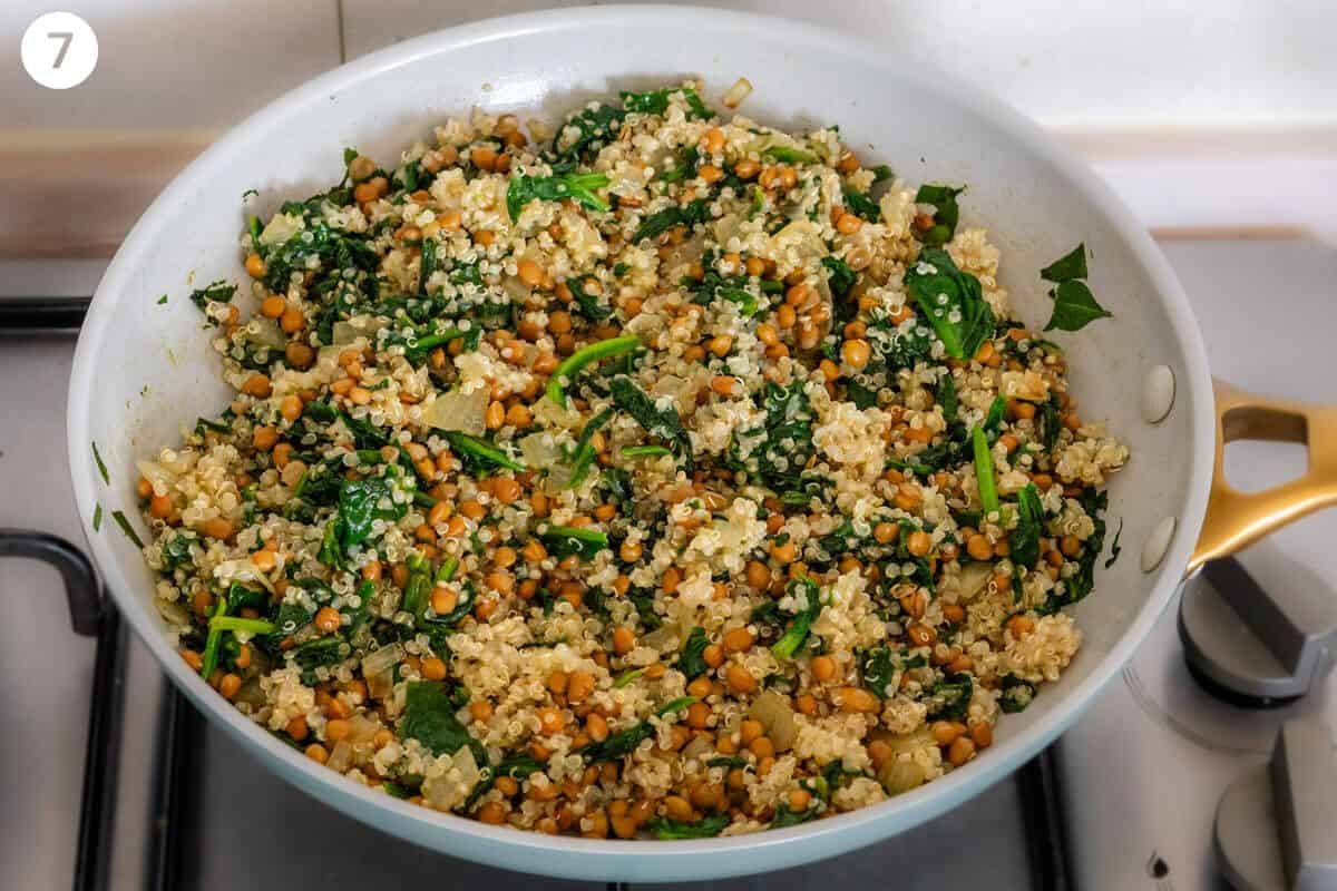 Quinoa and lentils added to the pan