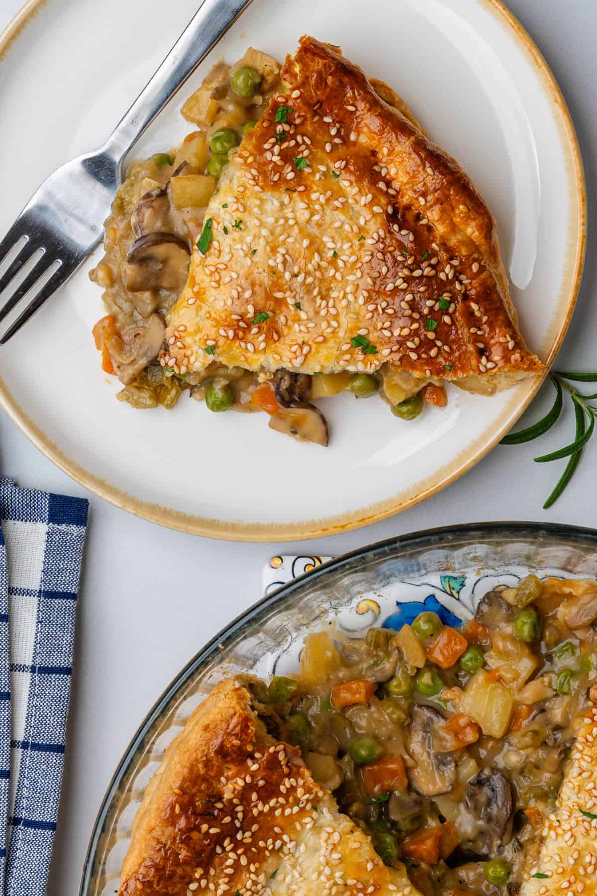 Piece of pie on a plate with pie dish on the side