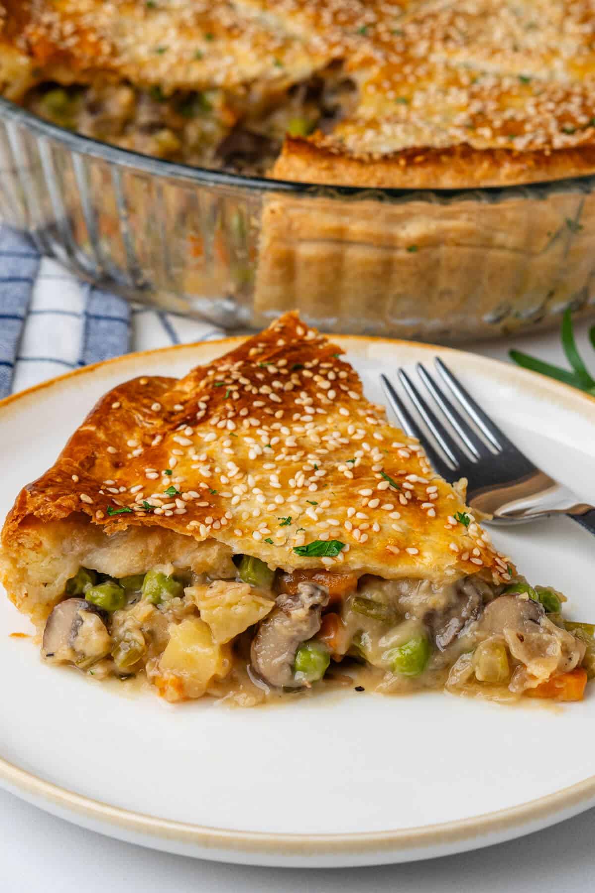 Piece of pie on a plate with pie dish in the background