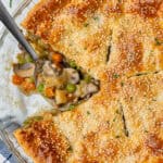 Vegetable pot pie with piece missing