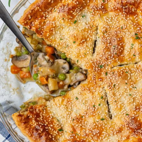 Vegetable pot pie with piece missing