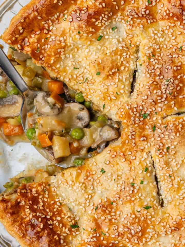 Vegetable pot pie with piece missing