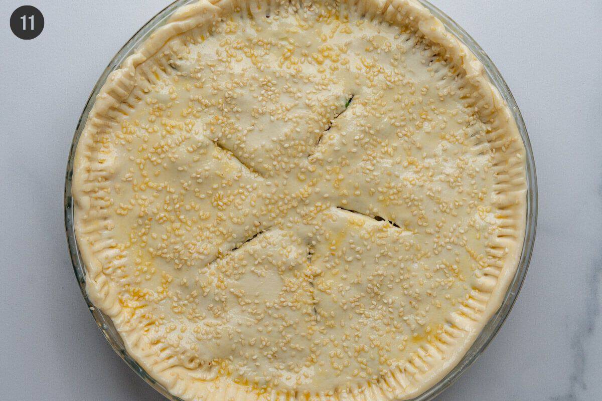 Egg wash and sesame seeds made to pie