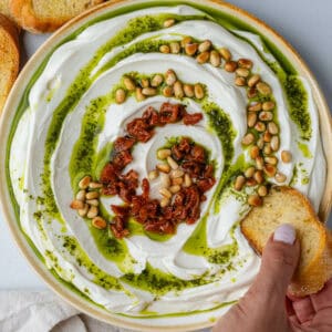 Bread dipping into whipped ricotta with basil oil, pine nuts and sun dried tomatoes