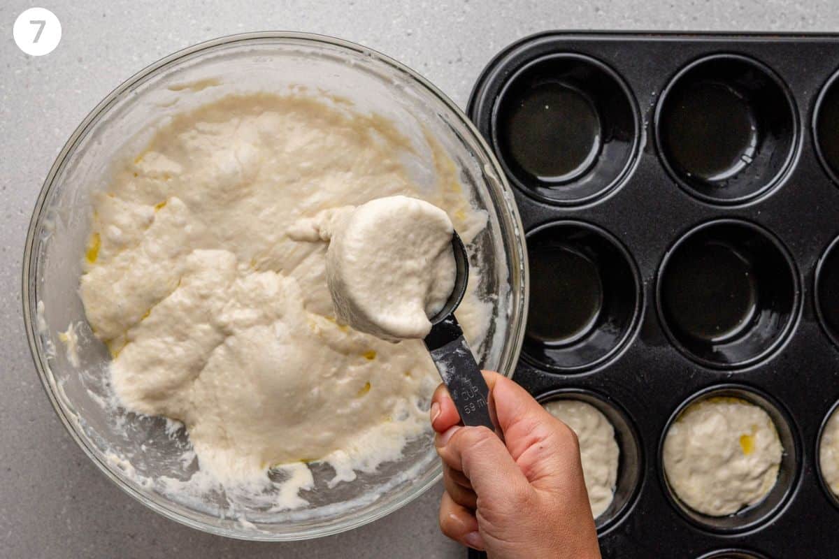 Cup scooping dough info muffin tin