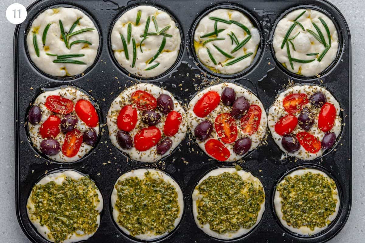 Toppings added on top of dough in muffin tin