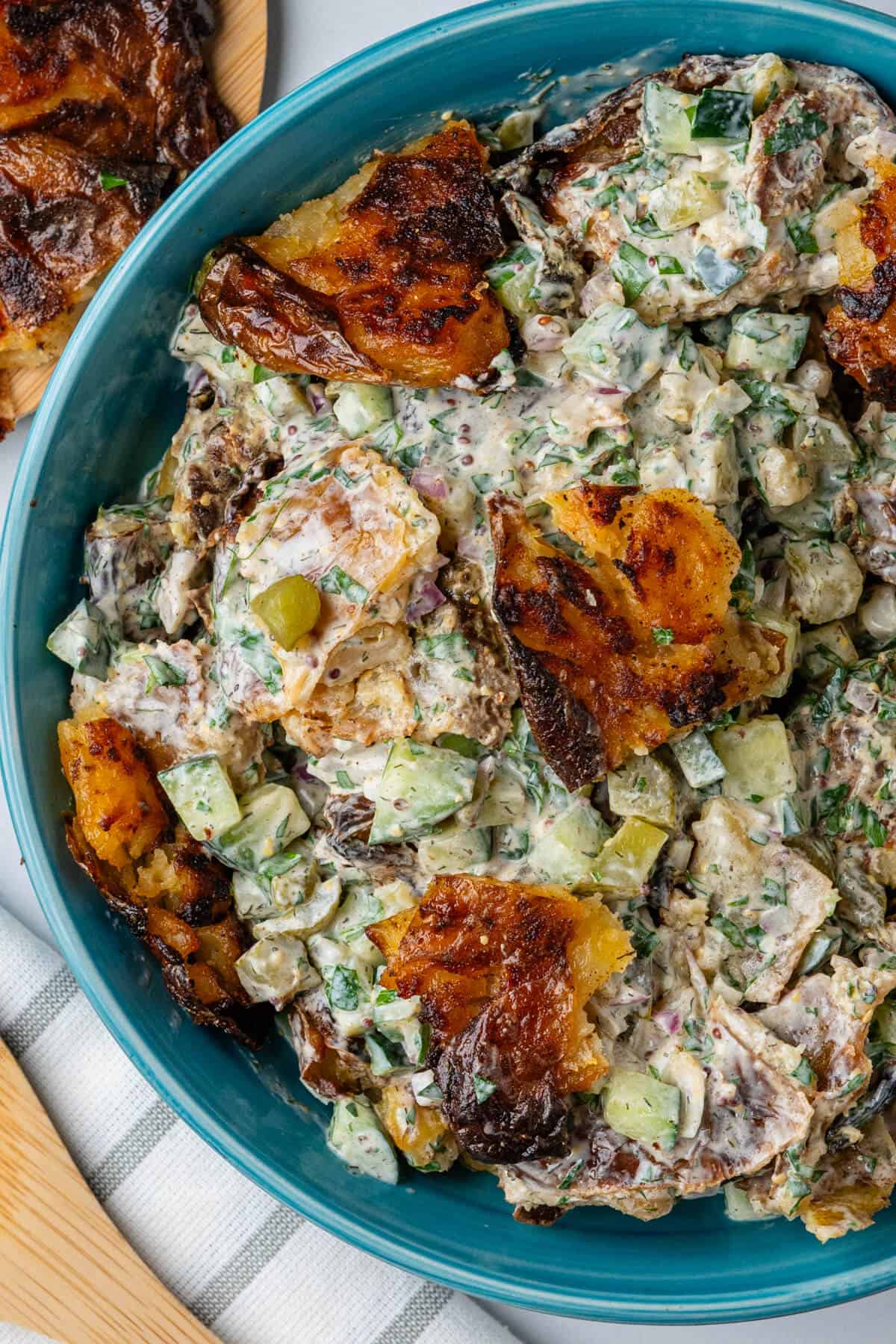 Crispy smashed potato salad in a bowl