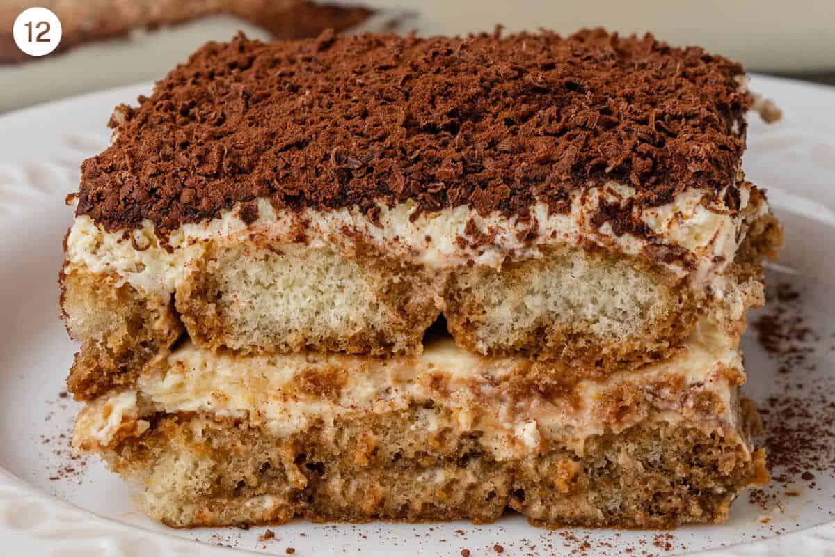 Piece of tiramisu placed on a plate ready to eat