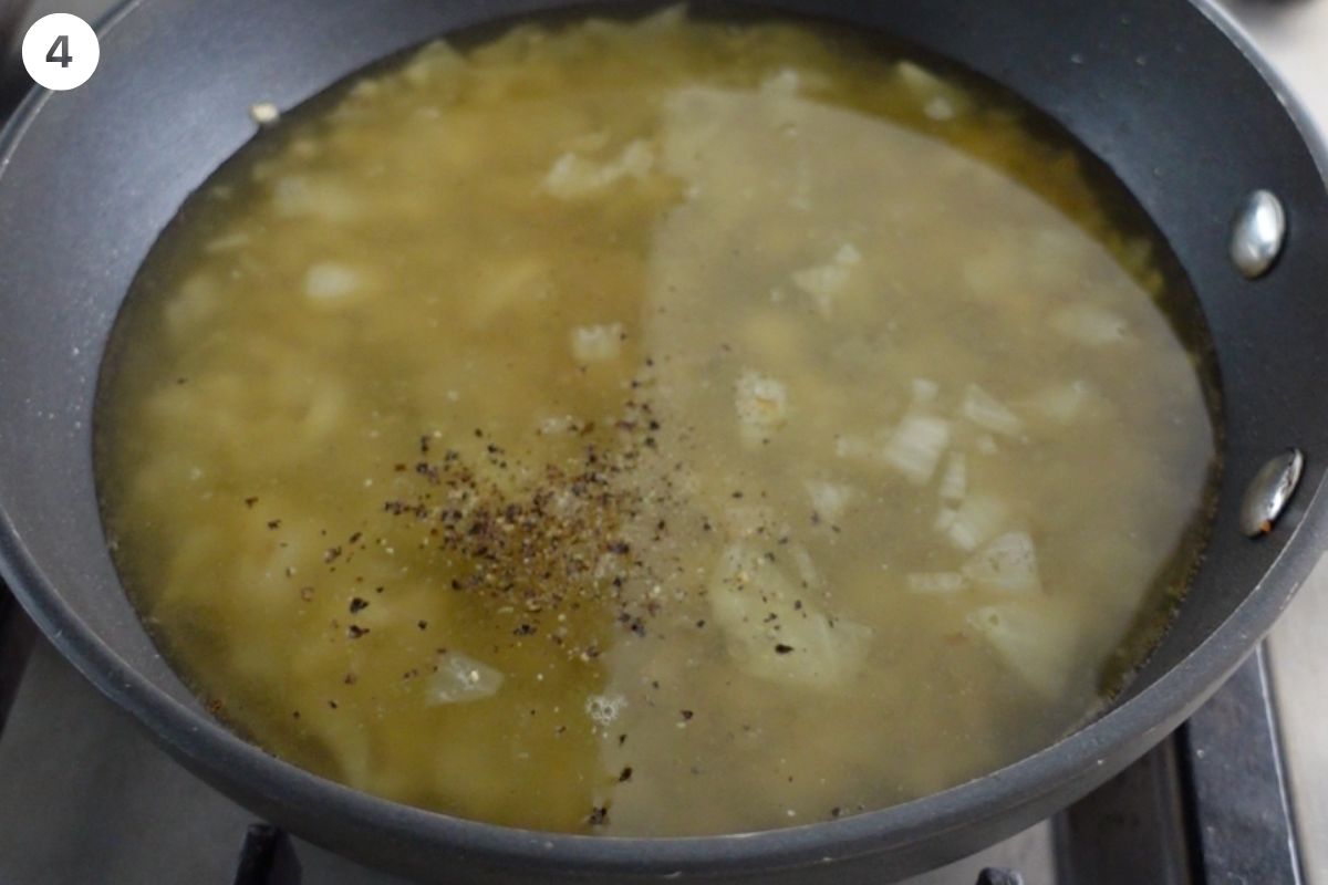 Broth and seasoning added to the pan