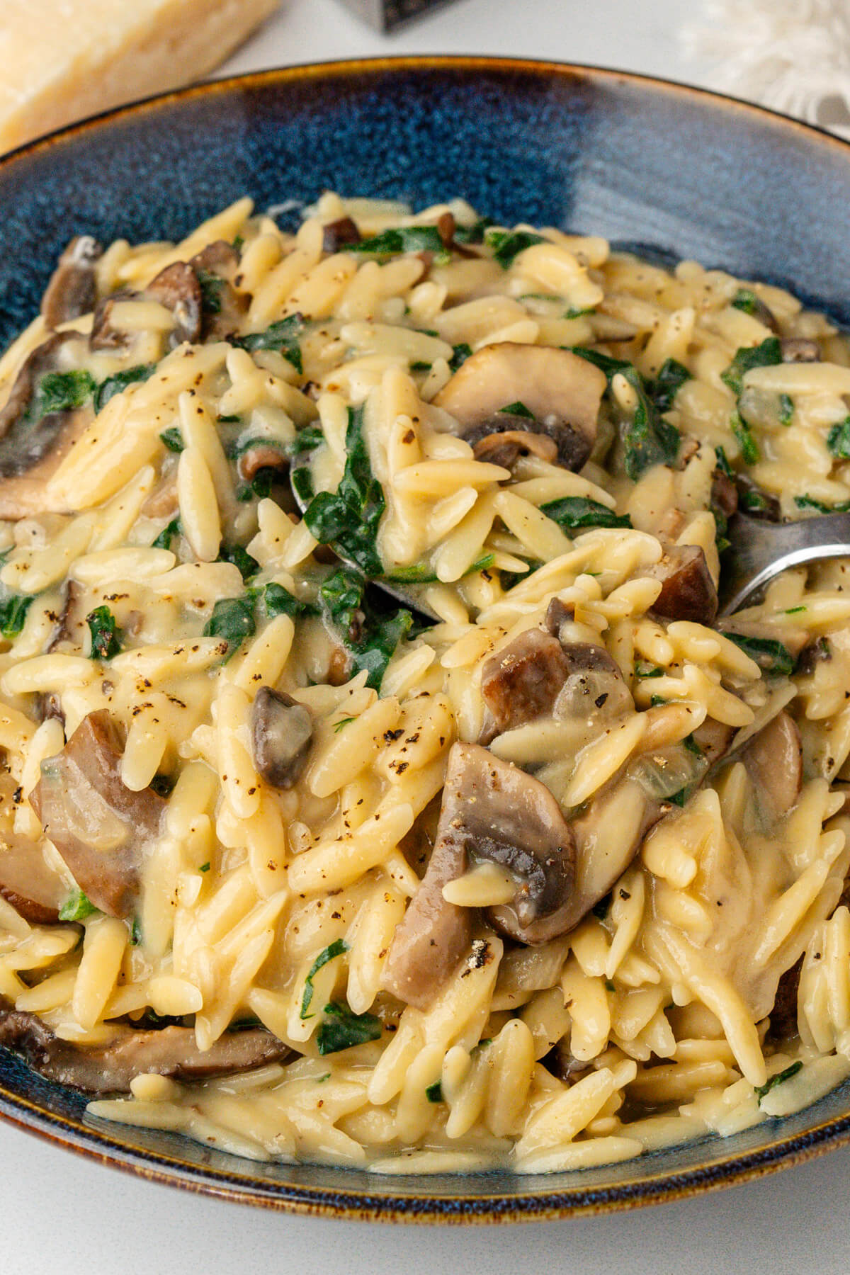 Mushroom orzo served in a bowl with black pepper