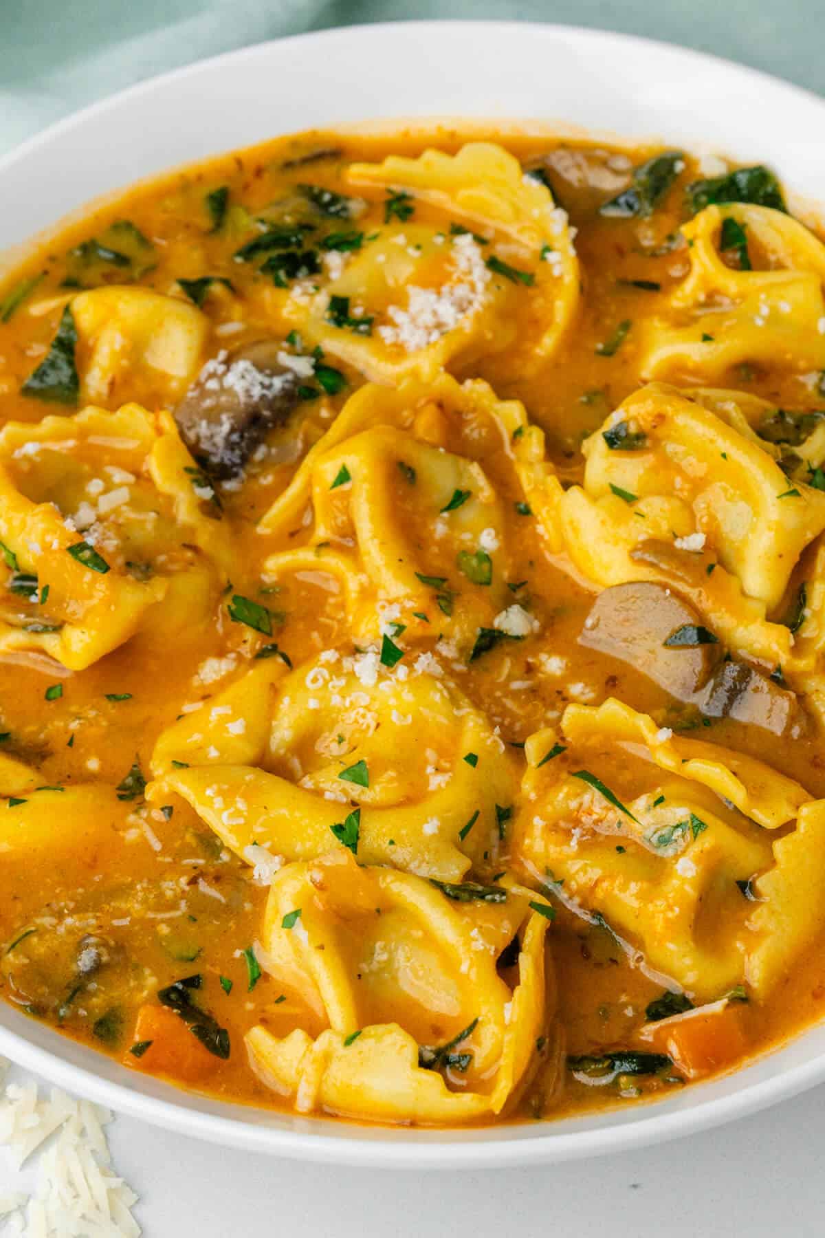 Tortellini soup served in a bowl