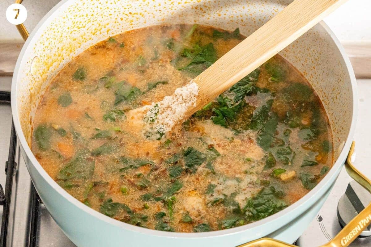 spinach, parmesan and mushrooms added to the pot