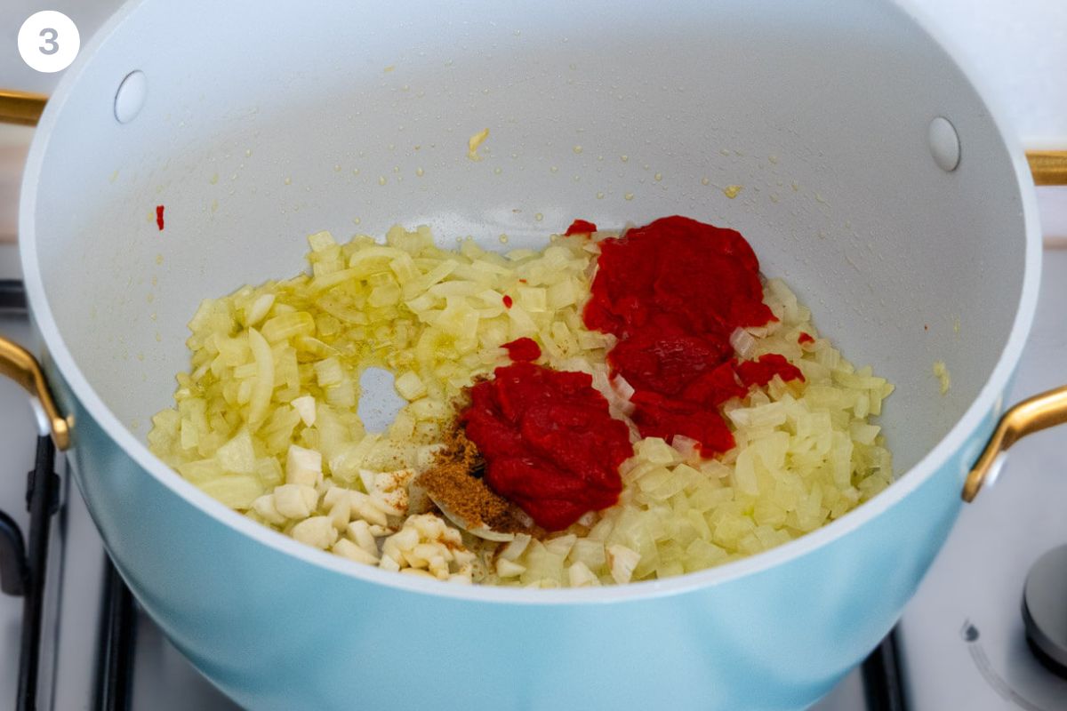 Tomato paste, garlic and spices added to large pot