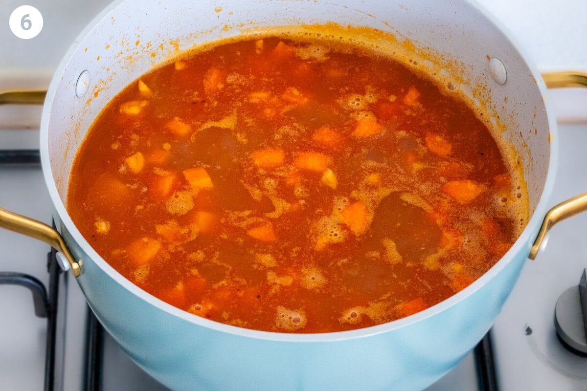 Stock and potatoes added and ready to simmer