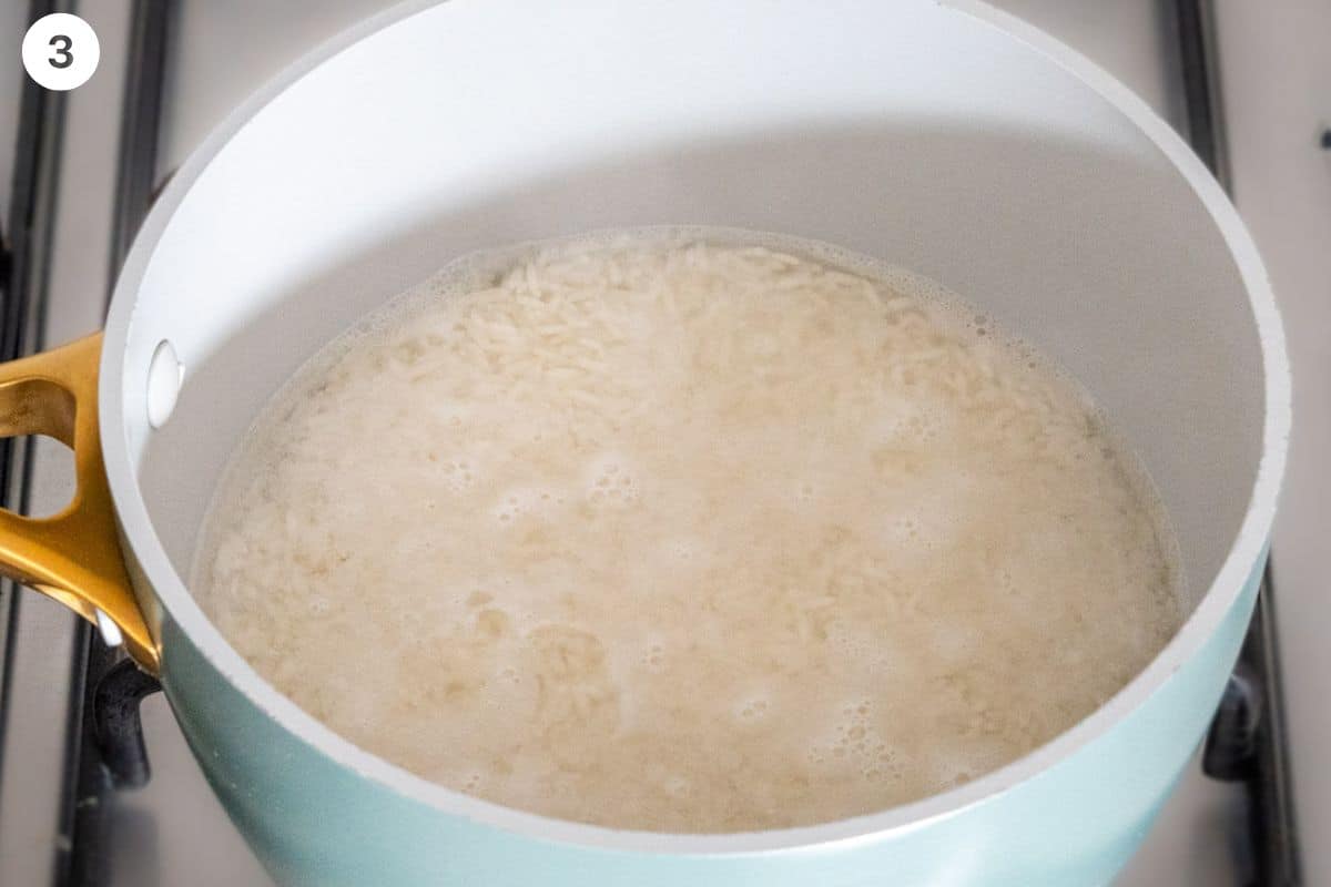 Water and rice boiling in pot