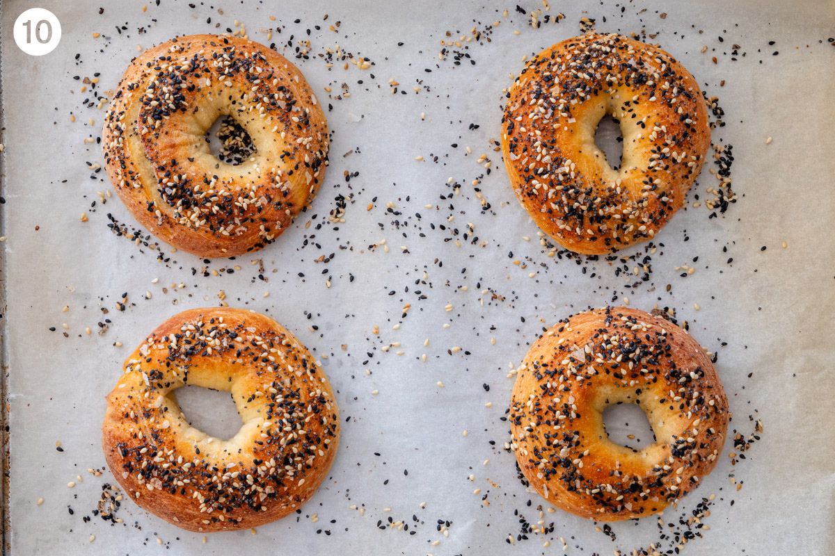 Baked protein bagels on an oven tray