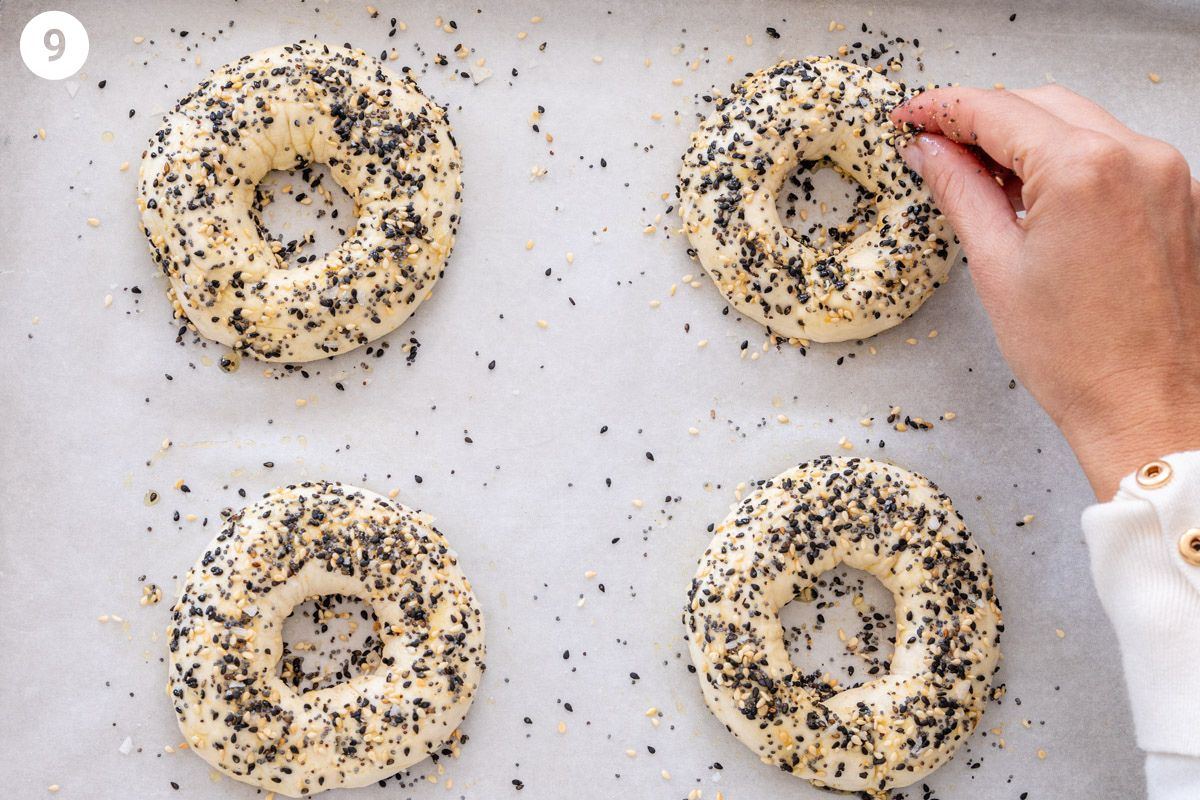 Bagel seasoning sprinkled on top of protein bagels