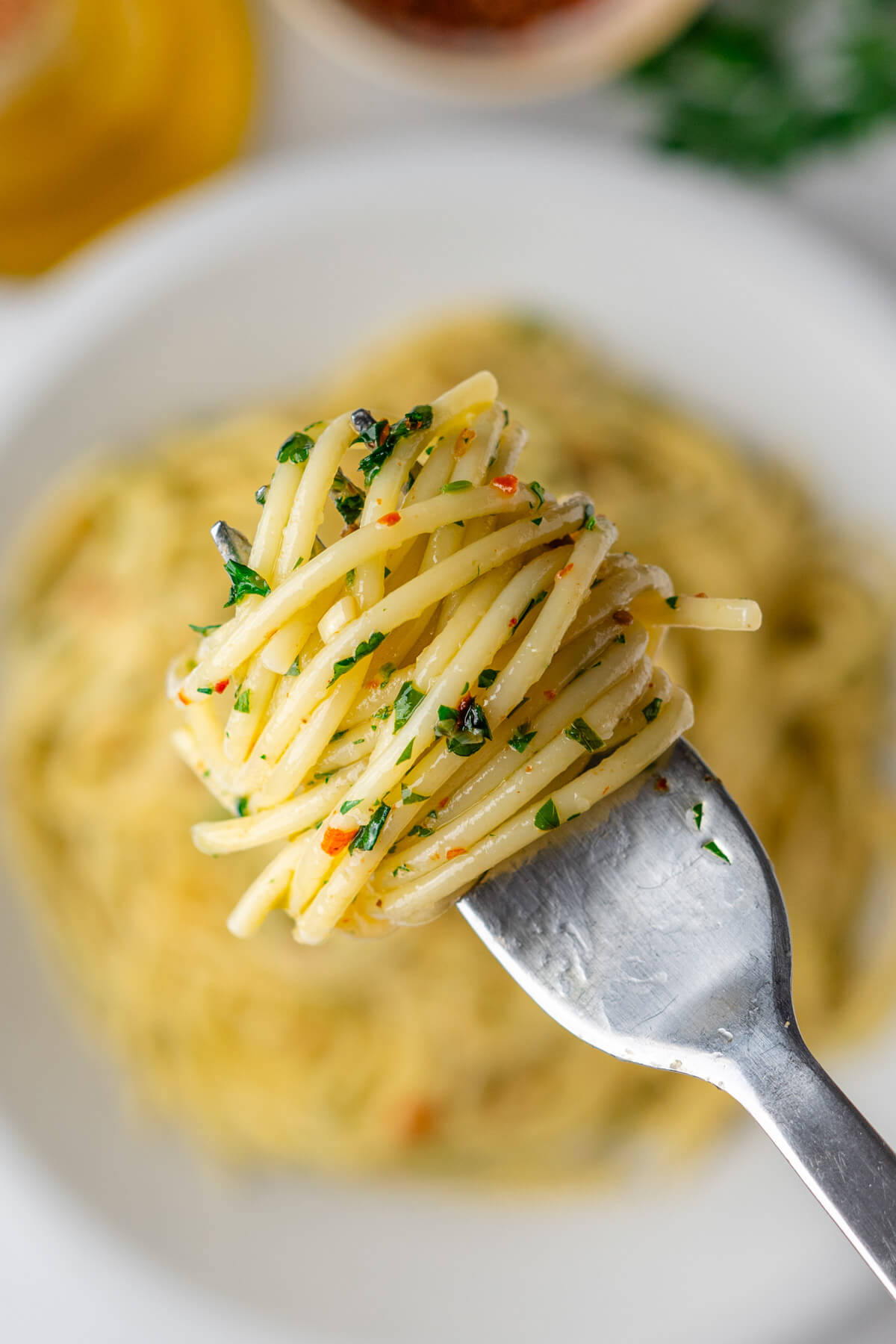 Close up of pasta twirl on a fork