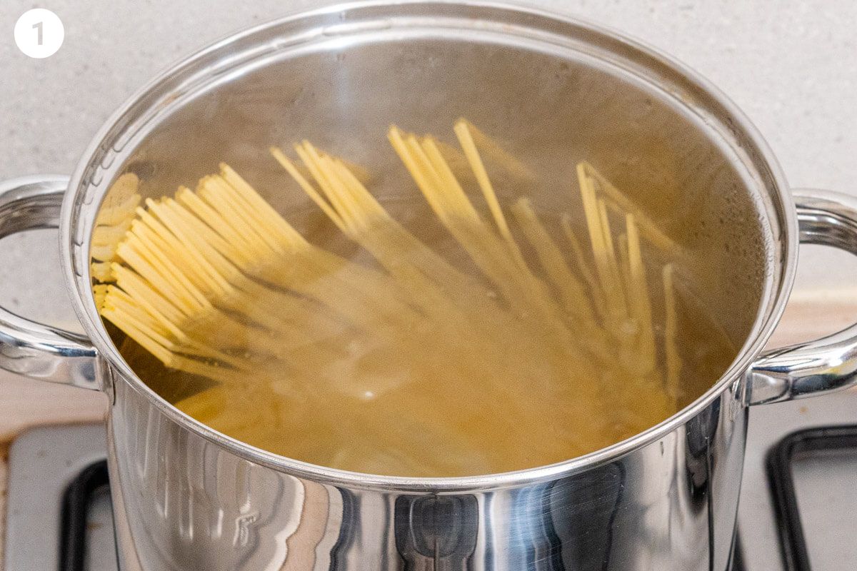 Pasta being cooked in boiling water