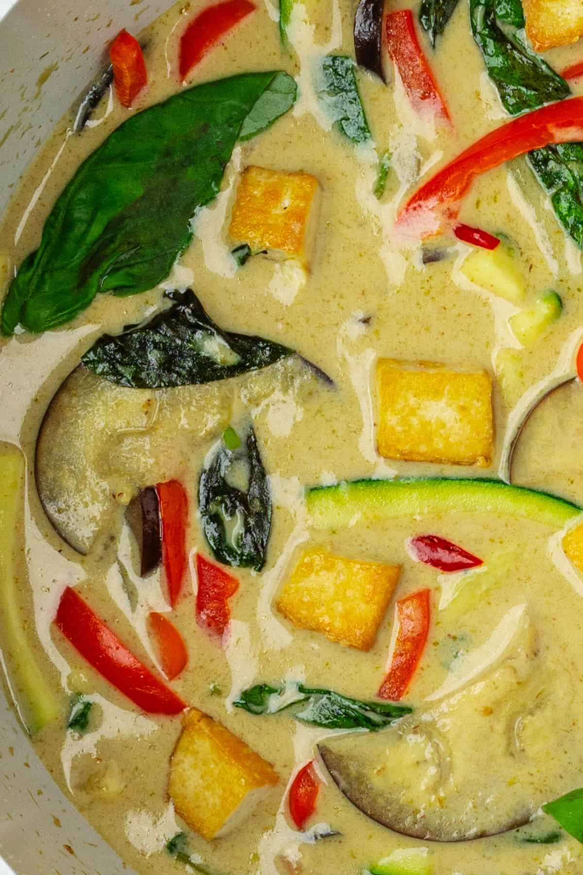 Close up of pot of thai green curry