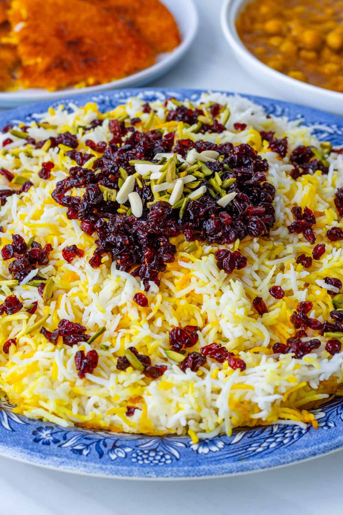 Zereshk Polo with barberries and slithered almonds and pistachios