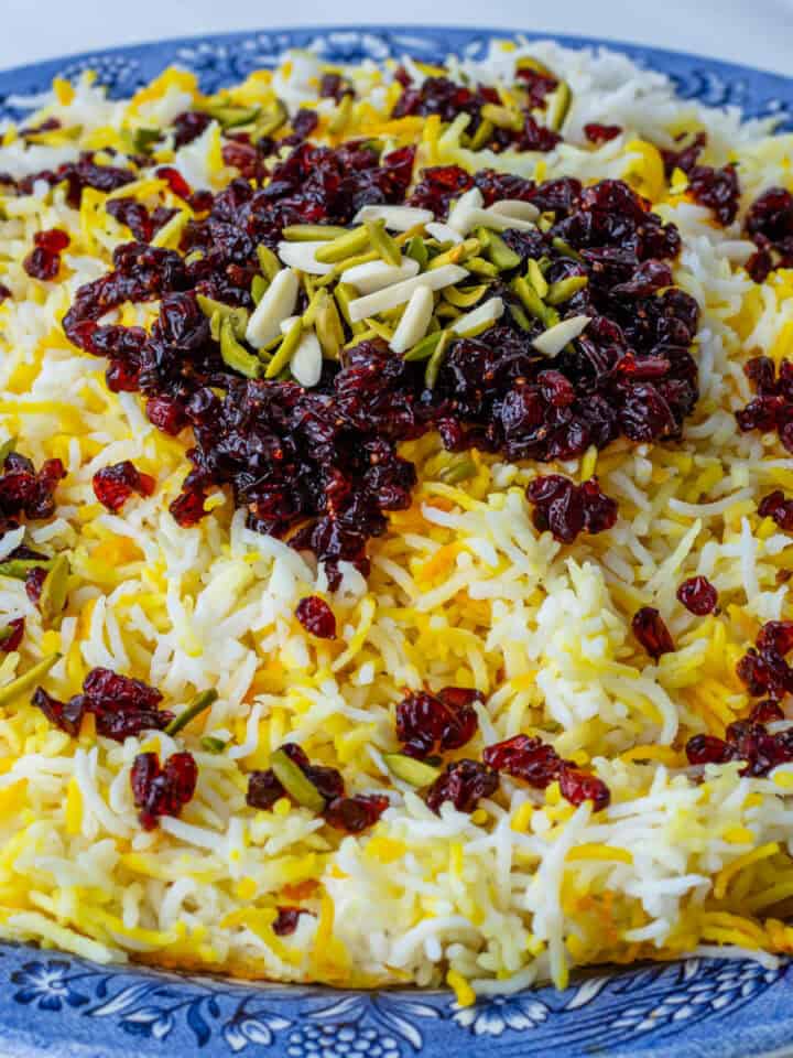 Zereshk Polo served with barberries, almonds and pistachios