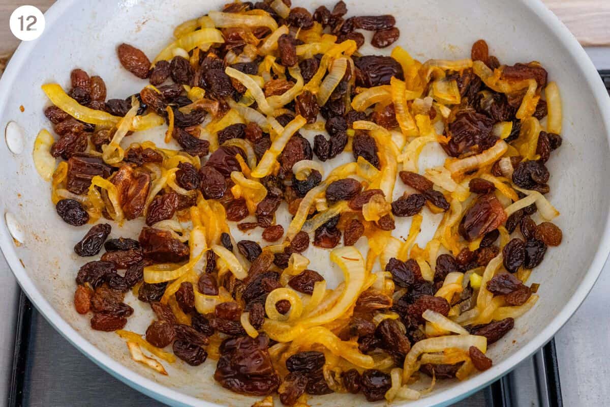 Dates and dried fruits added to onions in a pan