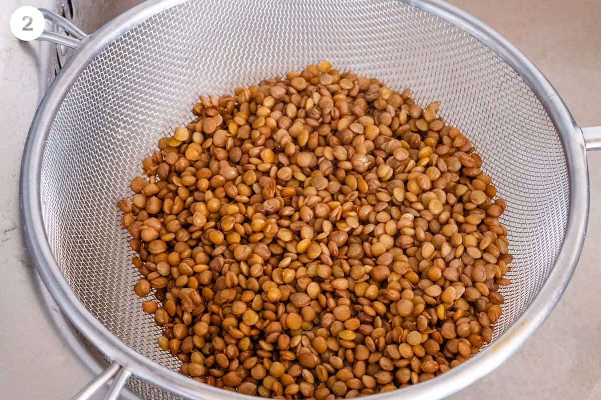 Lentils drained in a colander