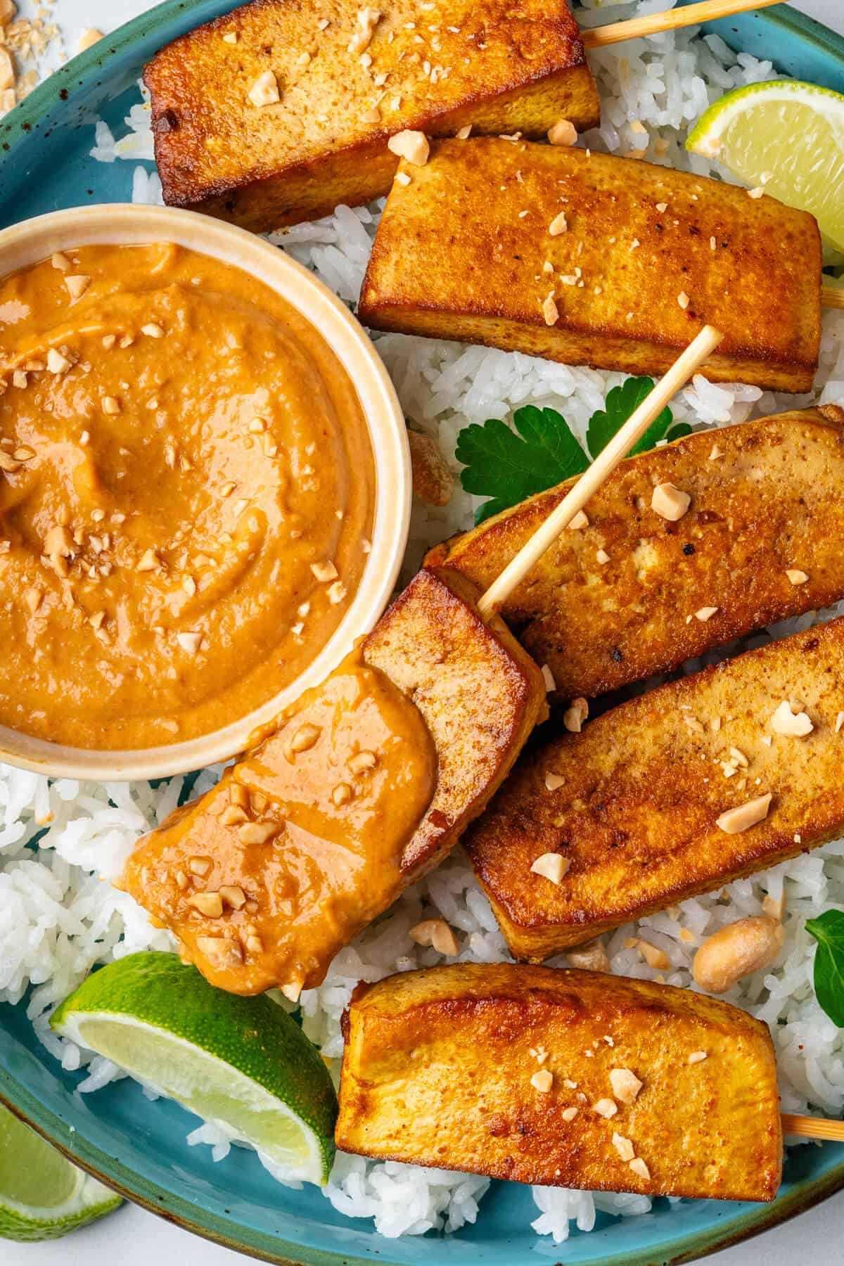 Plate of rice with tofu satay and peanut sauce on the side