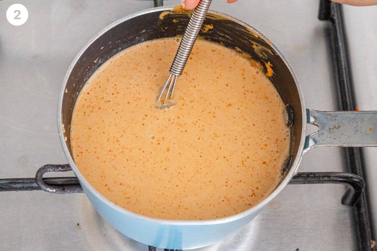 Coconut milk, peanut butter, sugar, vinegar added to small pot