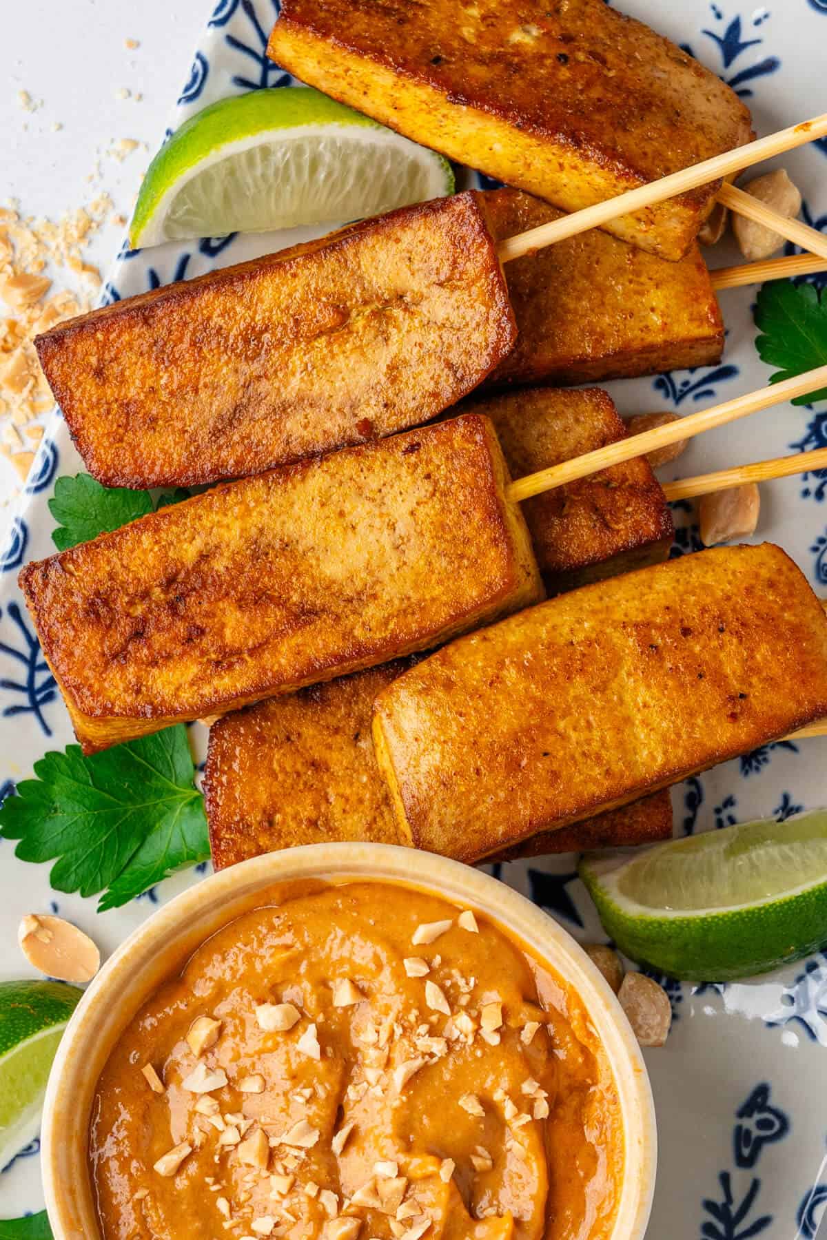 Tofu satay on a platter with peanut sauce on the side