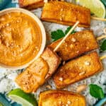 Tofu satay served with satay sauce and rice