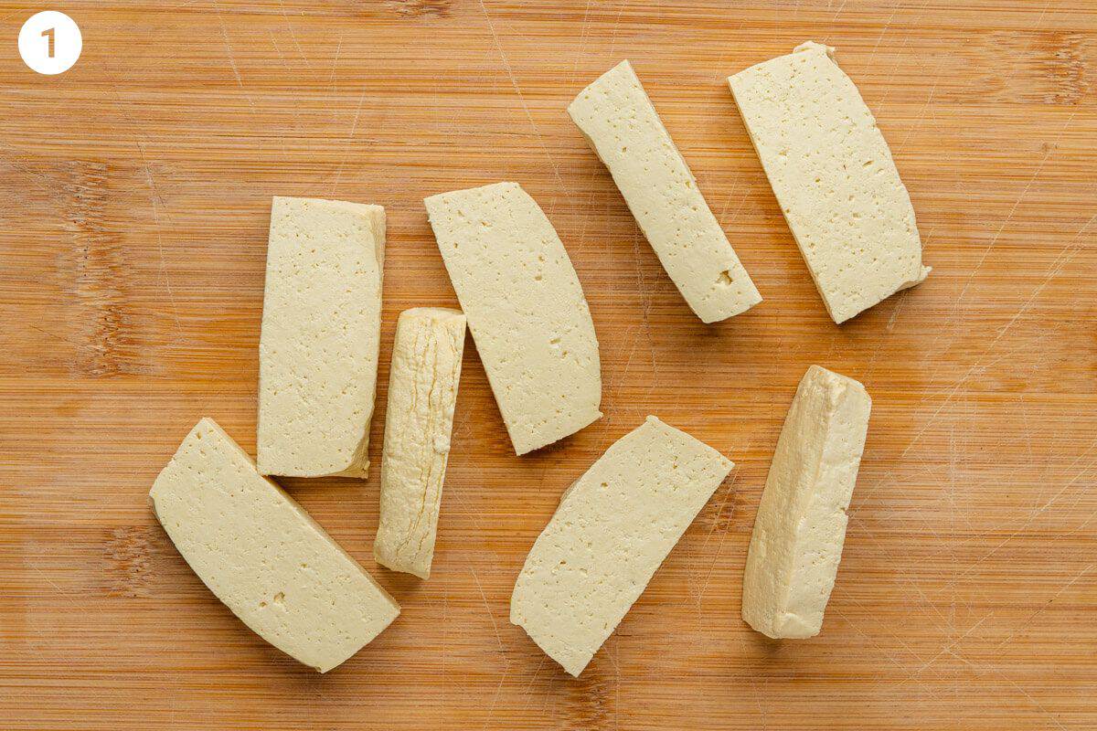 Tofu pressed and sliced into rectangle pieces