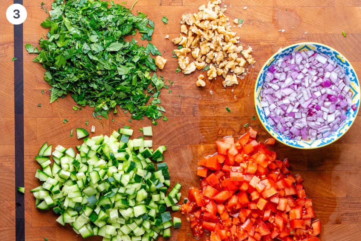 Ingredients on a cutting board for the farro salad